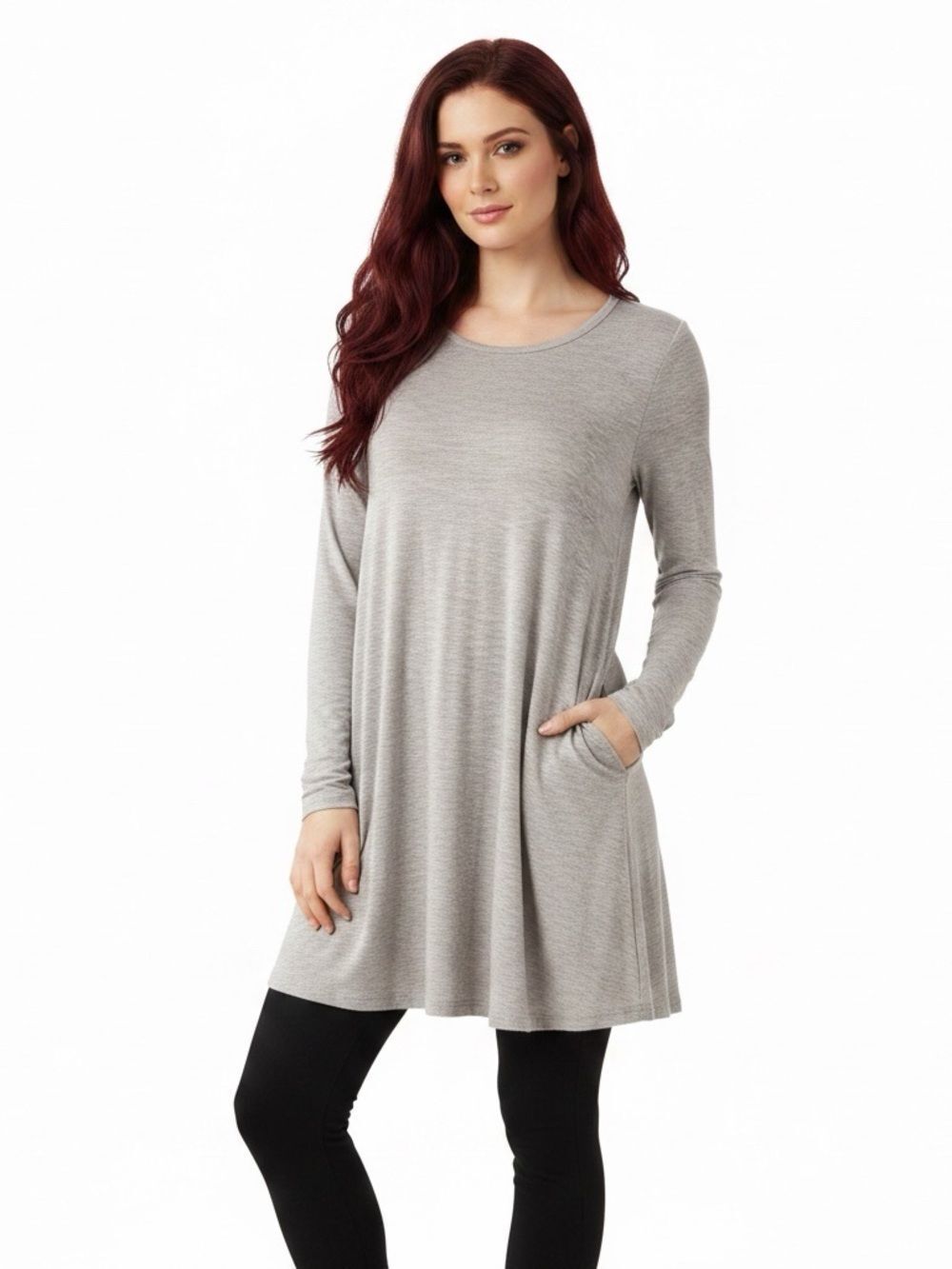 Gray Round Neck Long Sleeve Lightweight Tunic Top NWT